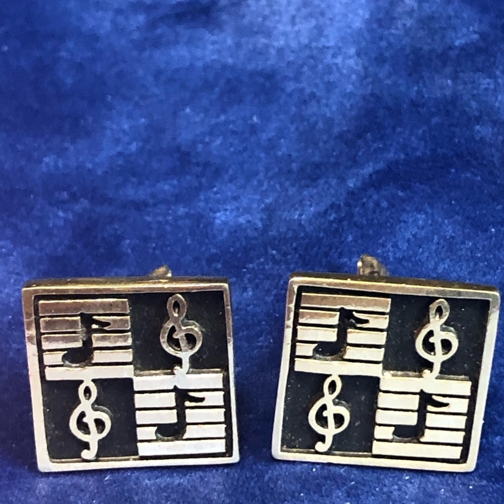 Swank Squared Cuff Links with Musical Notes in Black and Golden Tones, Vintage